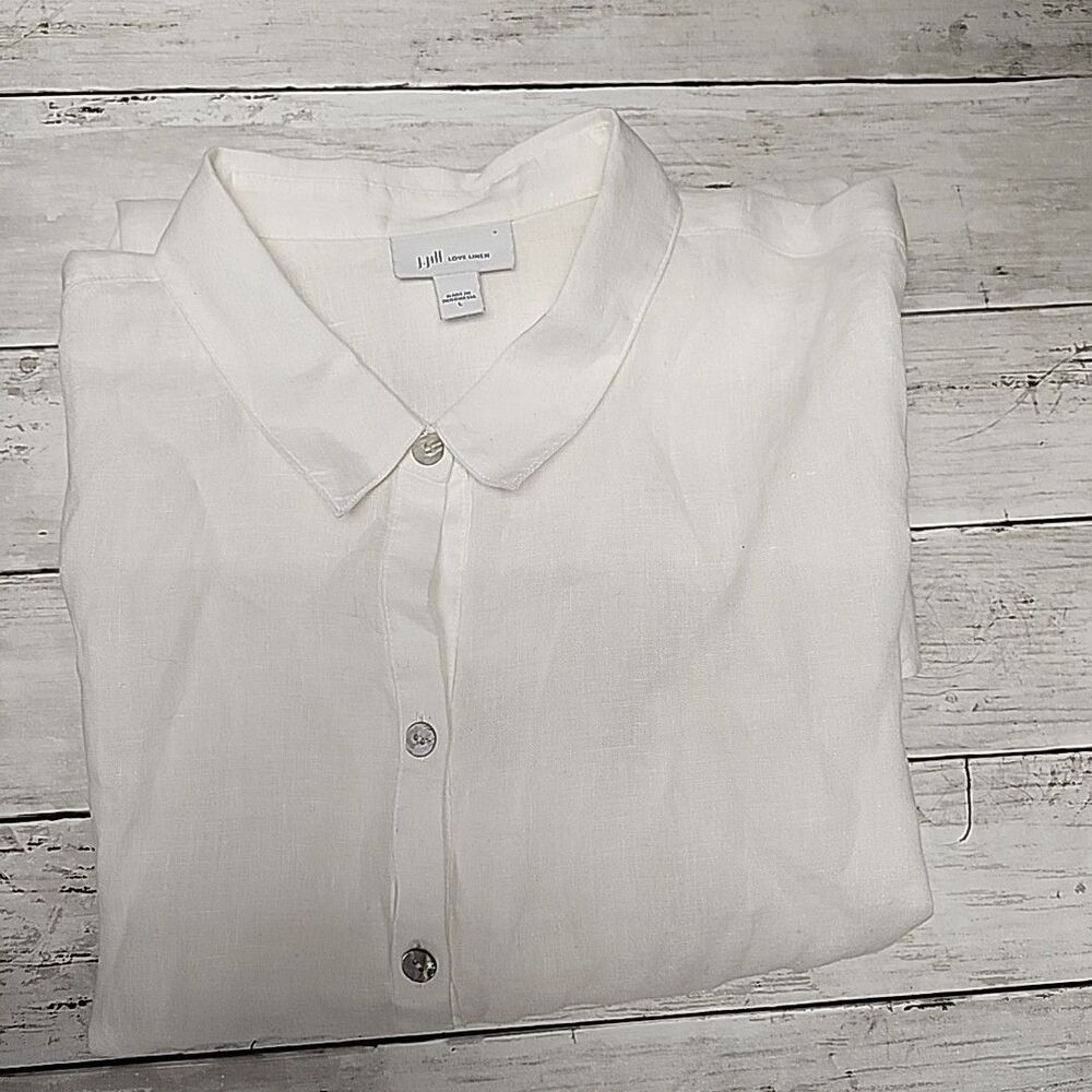 J. Jill Love Linen ButtonUp White Shirt LongSleeve Panel Casual Tunic WomenSz L